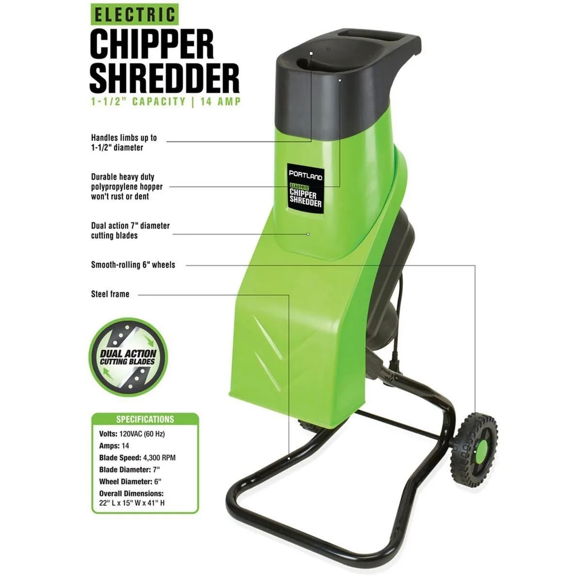 14 Amp Electric Chipper Shredder – 1.5" Capacity Corded Wood Mulcher for Branches, Leaves & Yard Debris — Compact Garden Cleanup Tool