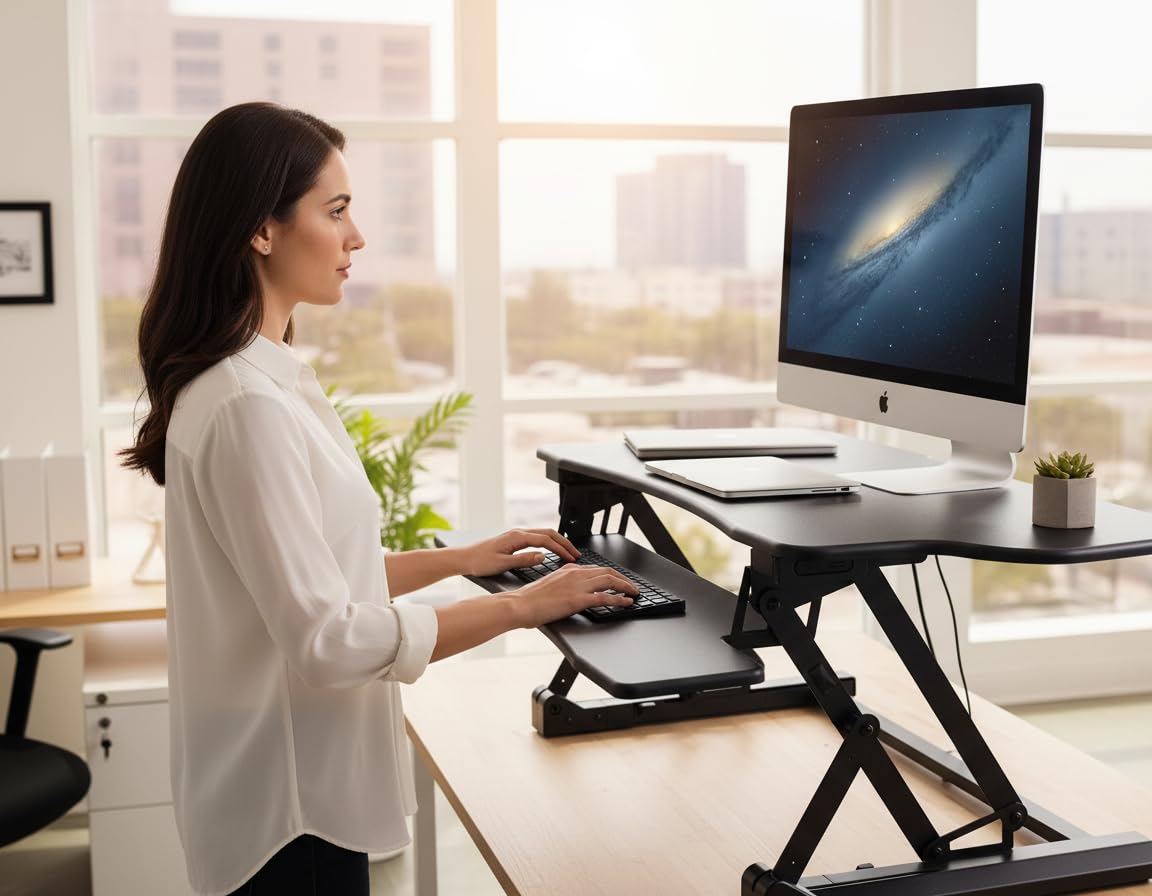 Mount-It! 48.5" Electric Standing Desk Converter for Dual Monitors, Motorized Sit Stand Electric Desk Riser with USB Port & Device Slot, Keyboard Tray, Adjustable Height Ergonomic Workstation, Black