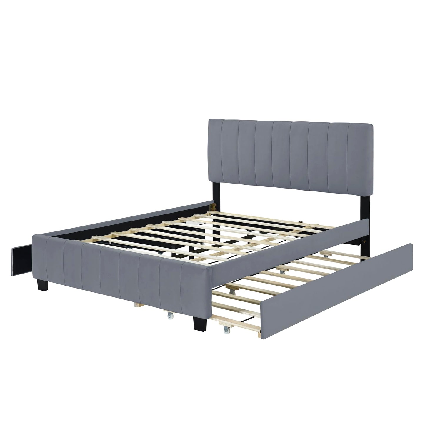 Bellemave Queen Bed Frame with Trundle Bed,Velvet Upholstered Platform Bed Frame with Storage Drawers,Queen Size Trundle Bed with Headboard for Kids Teens Adults,Gray