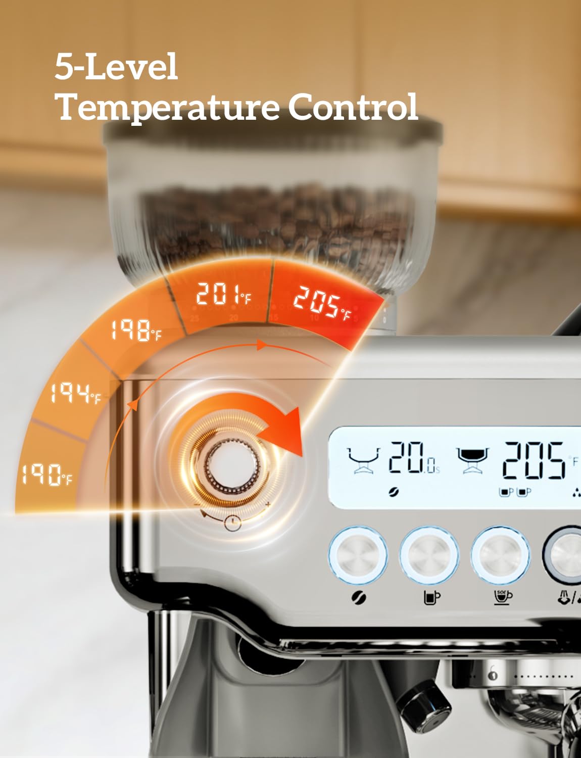 COUPLUX Espresso Machine with Grinder, 5-Temperature (190~205℉) Professional Espresso Machine 58MM with Powerful Milk Frother 15 Bar Expresso Coffee Machines for Espresso Americano Cappuccino & Latte