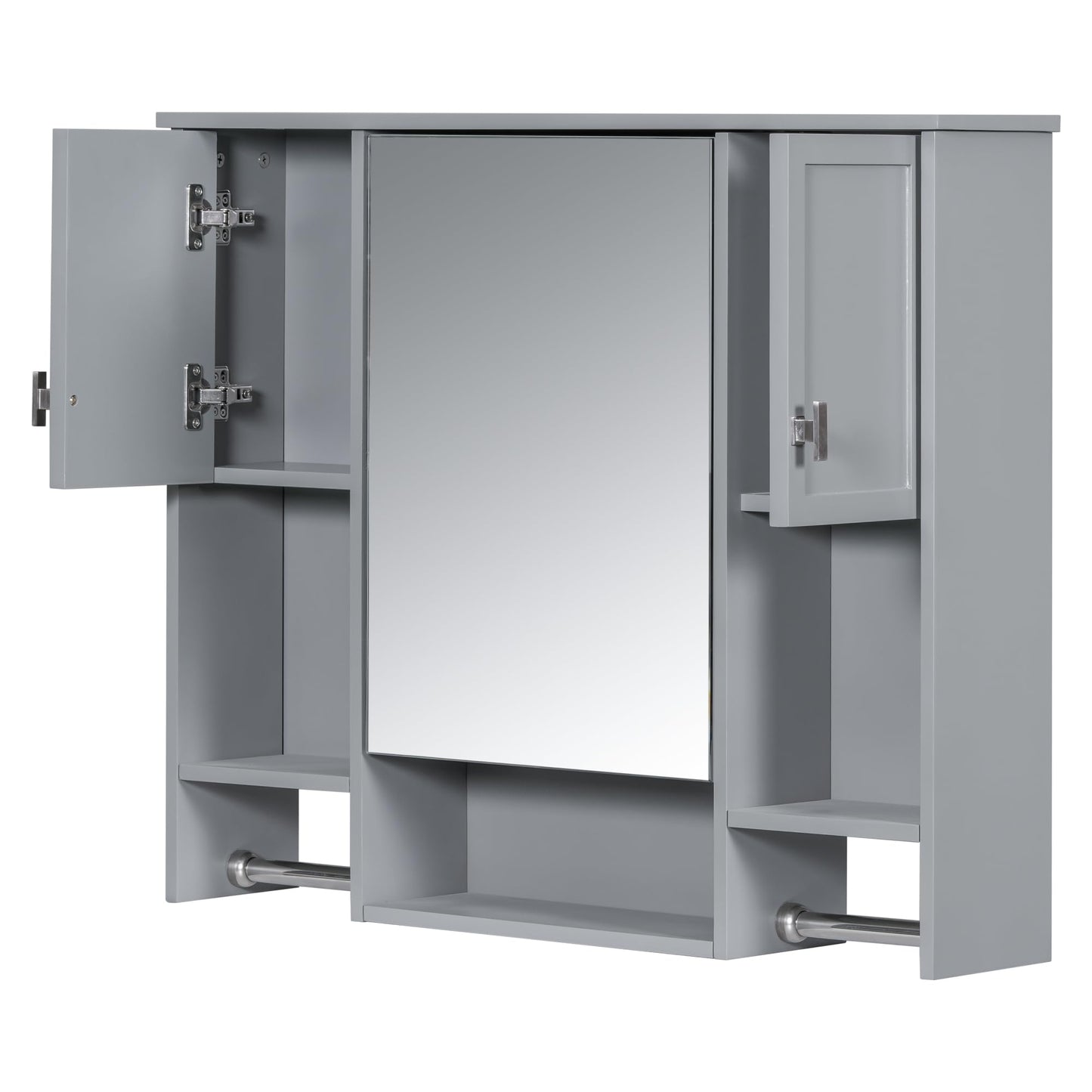 Virubi Bathroom Medicine Cabinet, Wall Mounted Bathroom Storage Cabinet with Mirror, Open Shelf, Side Cabinet and Towel Bar, Over The Toilet Mirrored Cabinet, 35" W x 28.7" H