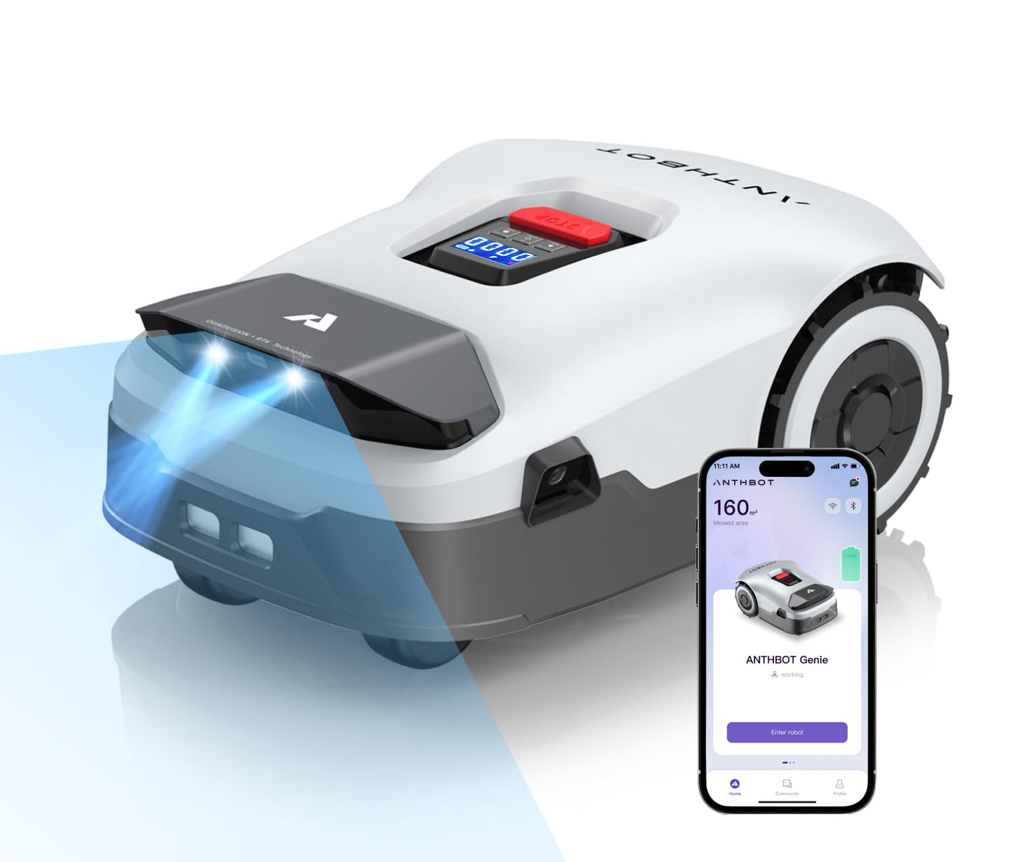 ANTHBOT Genie600 Robot Lawn Mower - NO Wire, Full Band RTK+4-Eye Vision Robotic Lawnmower for 1/4 Acre, Auto Mapping, Multi-Zone Management, Accurate Obstacle Avoidance, Intelligent Path Planning