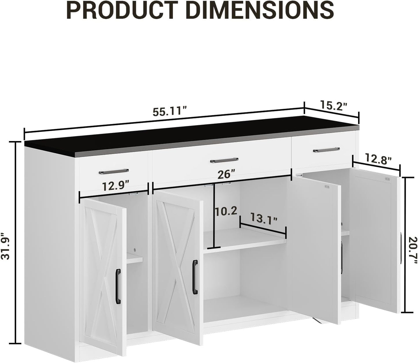 GarveeLife 55" Buffet Sideboard with 3 Drawers, Modern Farmhouse Kitchen Storage Cabinet, Large Wood Coffee Bar Cabinet with Storage for Living Room Hallway- White & Black