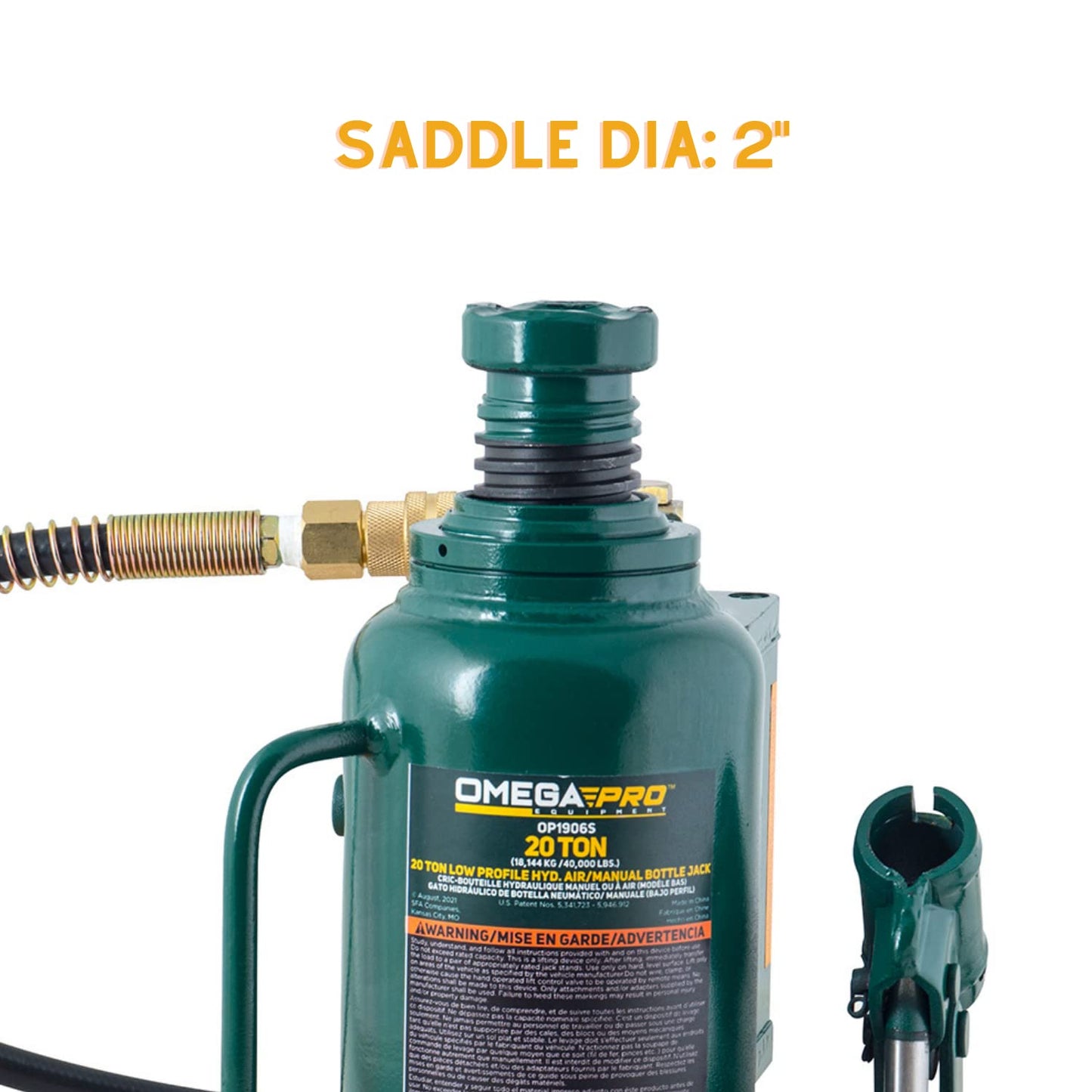 Omega Pro Air Hydraulic Bottle Jack - Low Profile with Manual Hand Pump for Heavy Duty Auto Truck Repair - 20 Ton Capacity, Green (OP1906S)