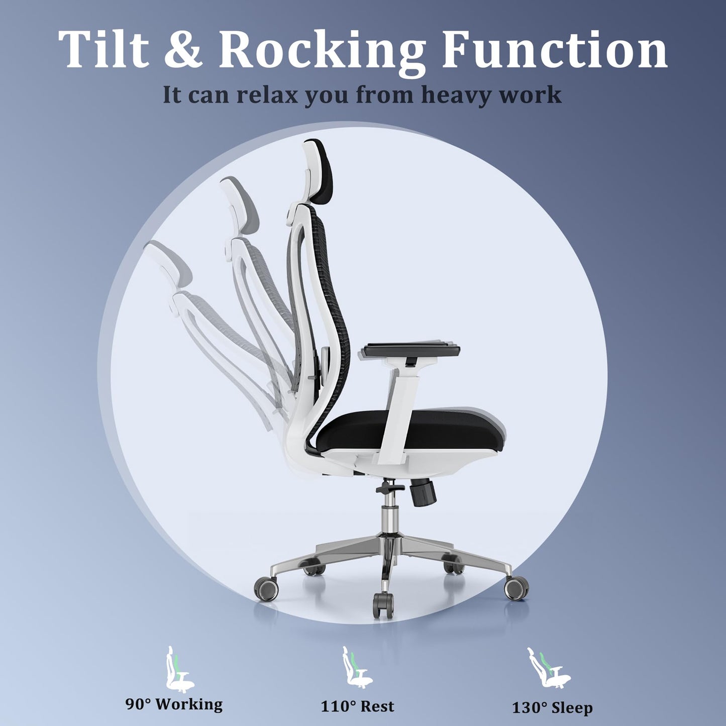 Logicfox Ergonomic Mesh Office Chair, Computer Desk Chair with 3D Armrests, Adjustable Lumbar Cushion and Adjustable Headrest, White High Back Home Office Chair with Tilt Function, Computer Chair