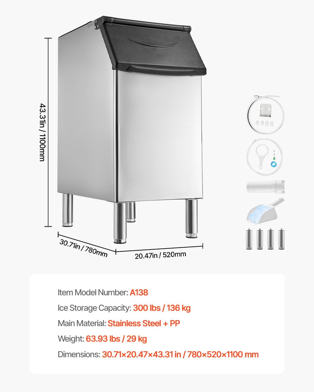 VEVOR Commercial Ice Maker Storage Bin, 300 LBS Capacity Ice-Bin, Stainless Steel Commercial Ice Storage Bin with Adjustable Anti-Slip Rubber Feet, Suitable for Restaurant Hotel and Beverage Shops