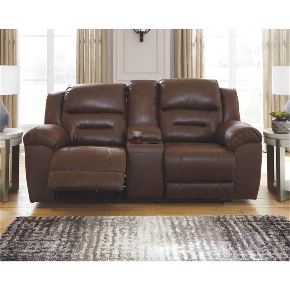 Signature Design by Ashley Stoneland Faux Leather Power Double Reclining Loveseat with Center Console, Dark Brown