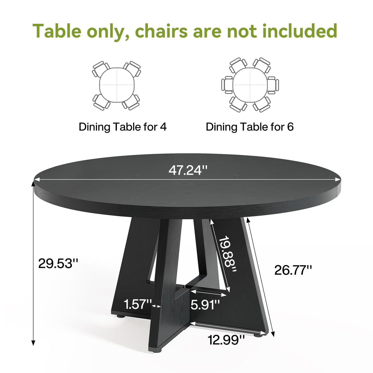 LITTLE TREE Round Dining Table for 4-6 People, 47 Inches Dining Room Table with Wooden Pedestal Base, Black Dinner Tables, Circle Kitchen Tables for Dining Room, Kitchen, Living Room