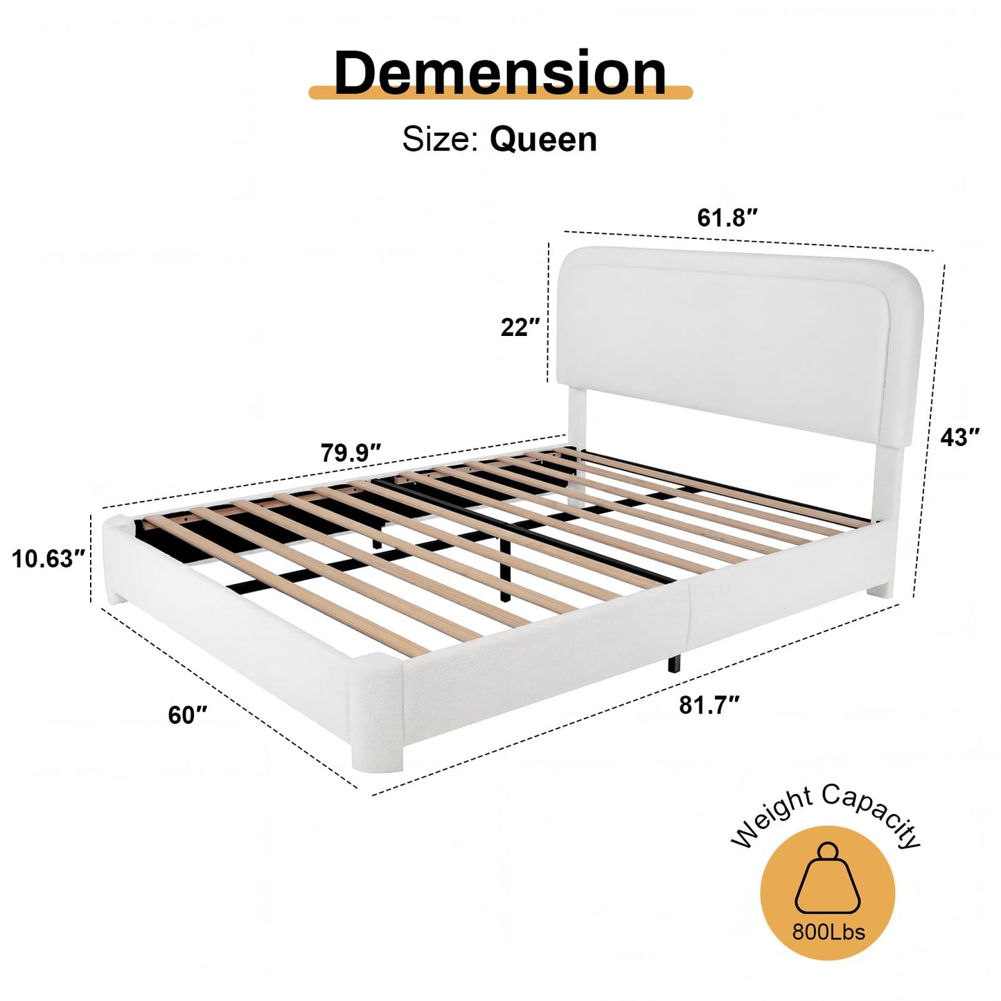 WEUP Queen Size Boucle Bed Frame, Upholstered Teddy Fabric Bed Frame with Headboard, Soft Rounded Corners, No Box Spring Required, Adjustable Headboard, Easy Assembly
