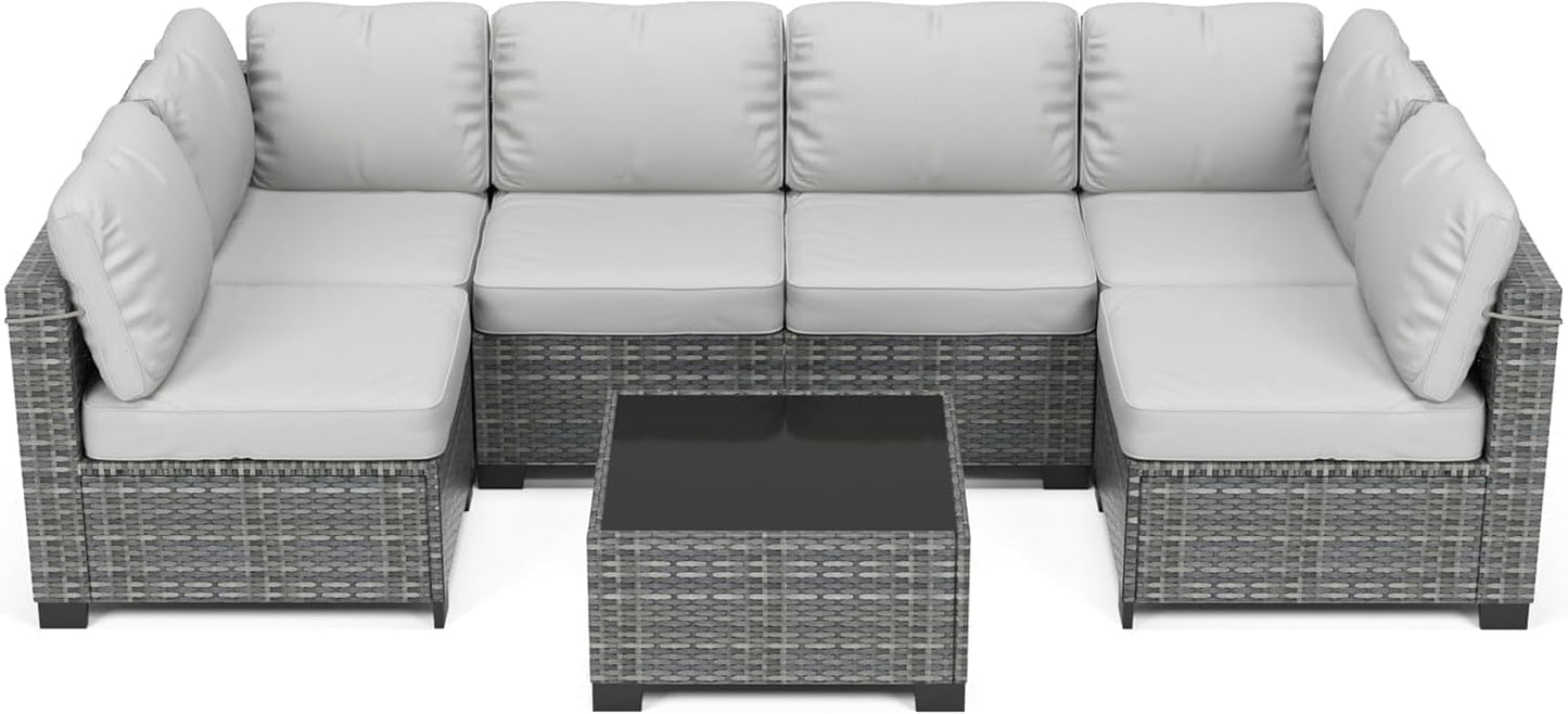 Patio Furniture Set, 7 Pieces Outdoor Sectional Sofa Set with Dining Table & Thickened Cushions, All-Weather PE Wicker Patio Furniture for Garden Lawn Deck, Grey & Light Gray
