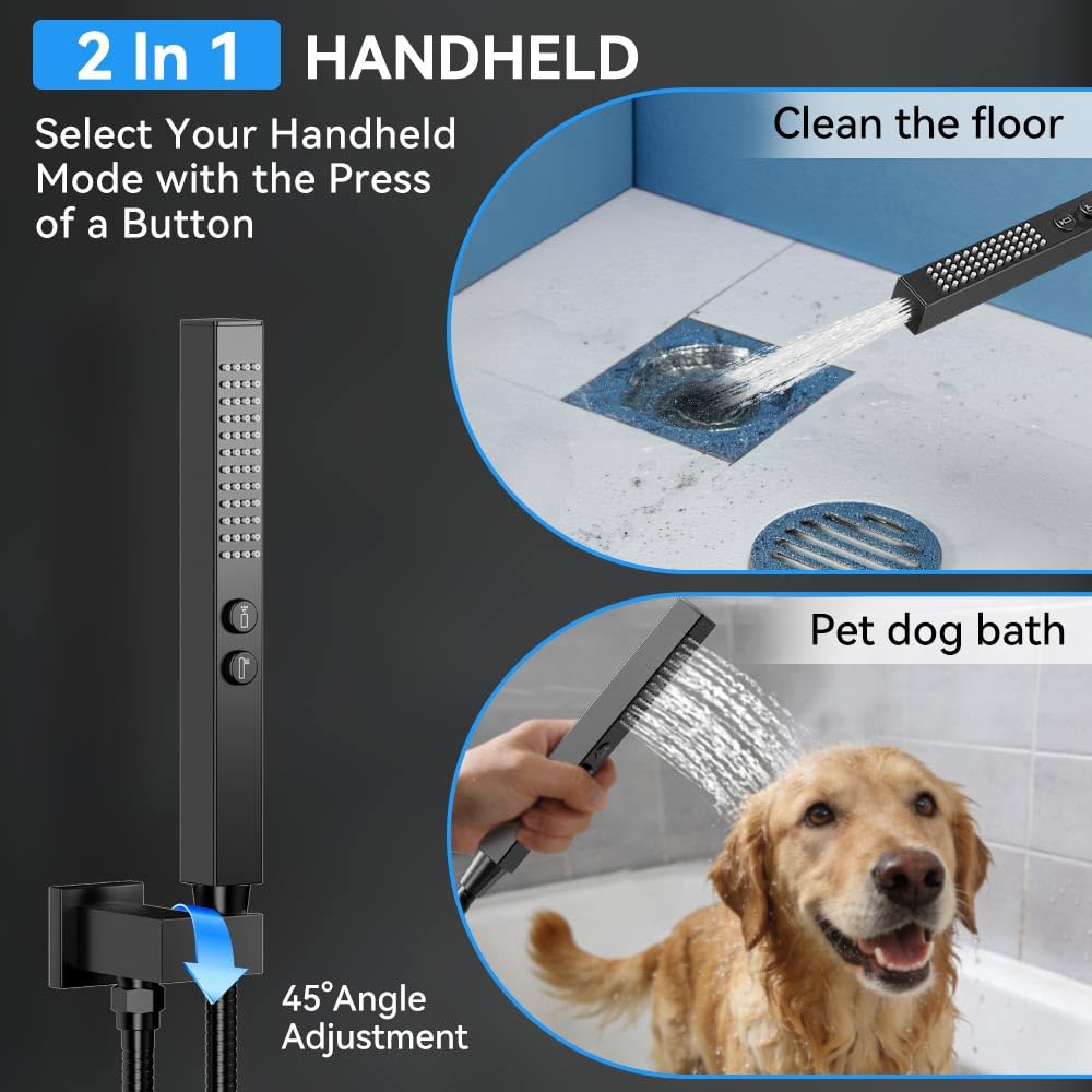 Shower System with Body Jets, STARBATH 12" Rain Shower with 2 in 1 Handheld and 4 Body Jets, Can Use All at Once, Push Button Thermostatic Valve and Trim Kit Complete Shower Faucets Sets, Matte Black