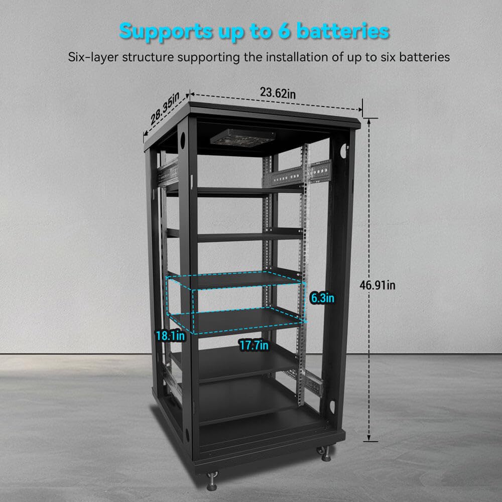 SGPWATT SUNGOLDPOWER 6-Layer Enclosed Battery Cabinet with 600A Bus Bar and Wheels, Compatible 100AH 3U Rack LiFePO4 Lithium Batteries, Ventilation Design, for Solar System and Energy Storage