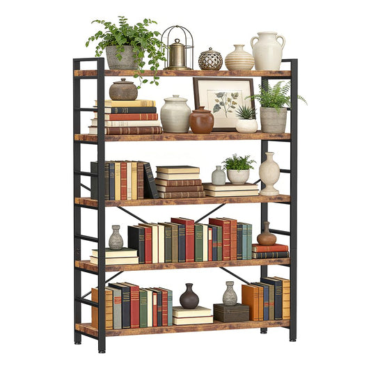 BCLOUDNEST Bookshelf 5 Tier Bookcase Home Office Bookshelves with Height-Adjustable Wooden Board,Storage Organizer for Garage Kit,CDs,Movies,Books,in Bedroom,Living Room,Kitchen,Vintage