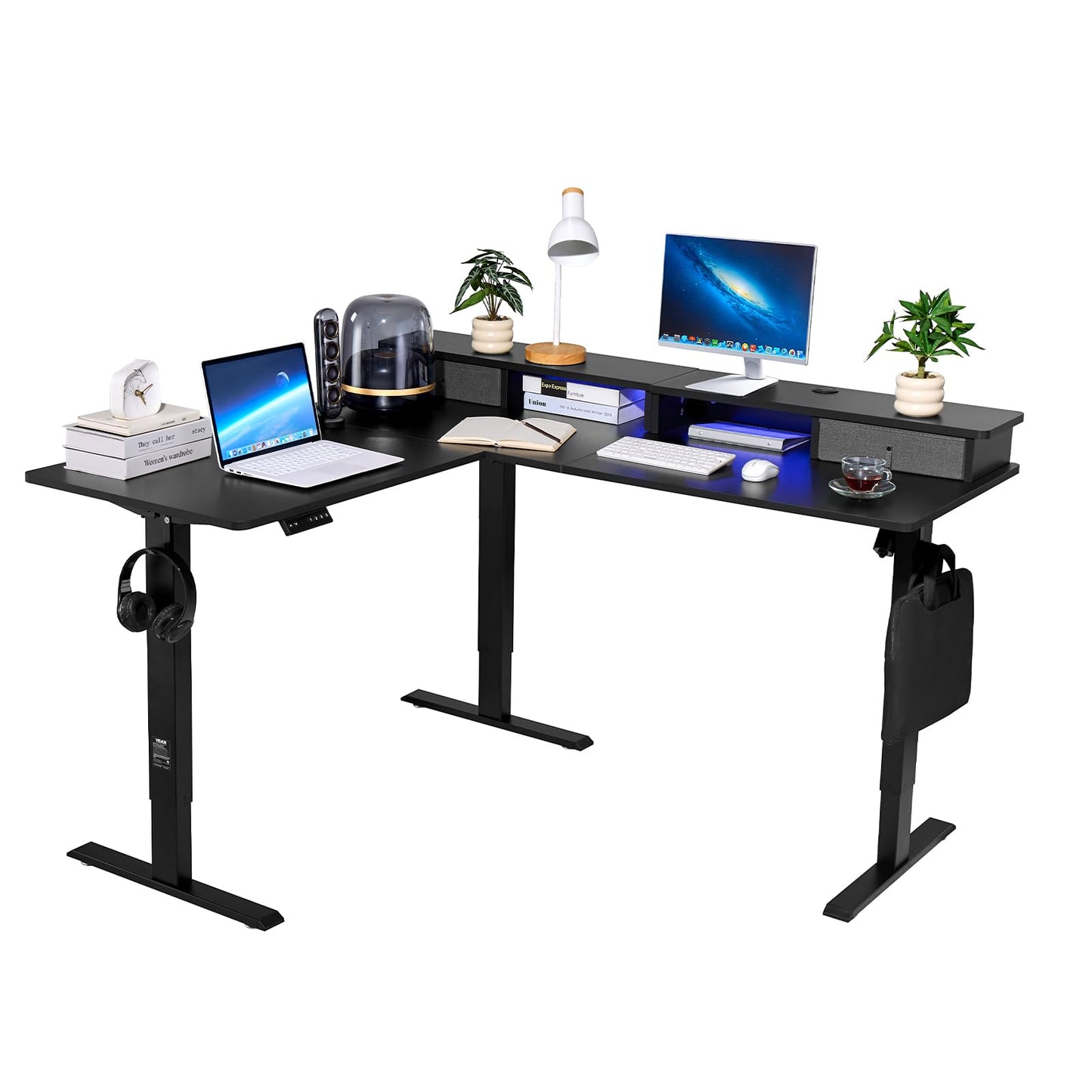 VEVOR L Shaped Electric Standing Desk with 2 Drawers, 63 x 55 inch Adjustable Height Corner Desk with Storage, Sit Stand up Computer Table with Light Strips for Office Home, Easy to Assemble, Black