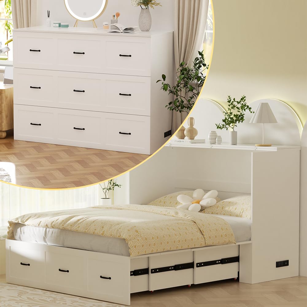 Full Size Murphy Bed Wood Wall Bed Cabinet with Large Drawer Space-Saving Hidden Foldable Platform Bed Chest Mobile Cabinet Bed Frame Storage Cabinet with USB Ports for Bedroom, Guest Room White