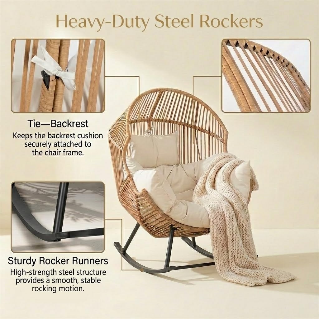 Oversized Outdoor Rocking Chair Set of 2, Wicker Egg Patio Lounge Chair Basket Seat with Thick Cushion, All Weather Indoor Outdoor Porch Rockers for Balcony, Living Room, Lawn Garden