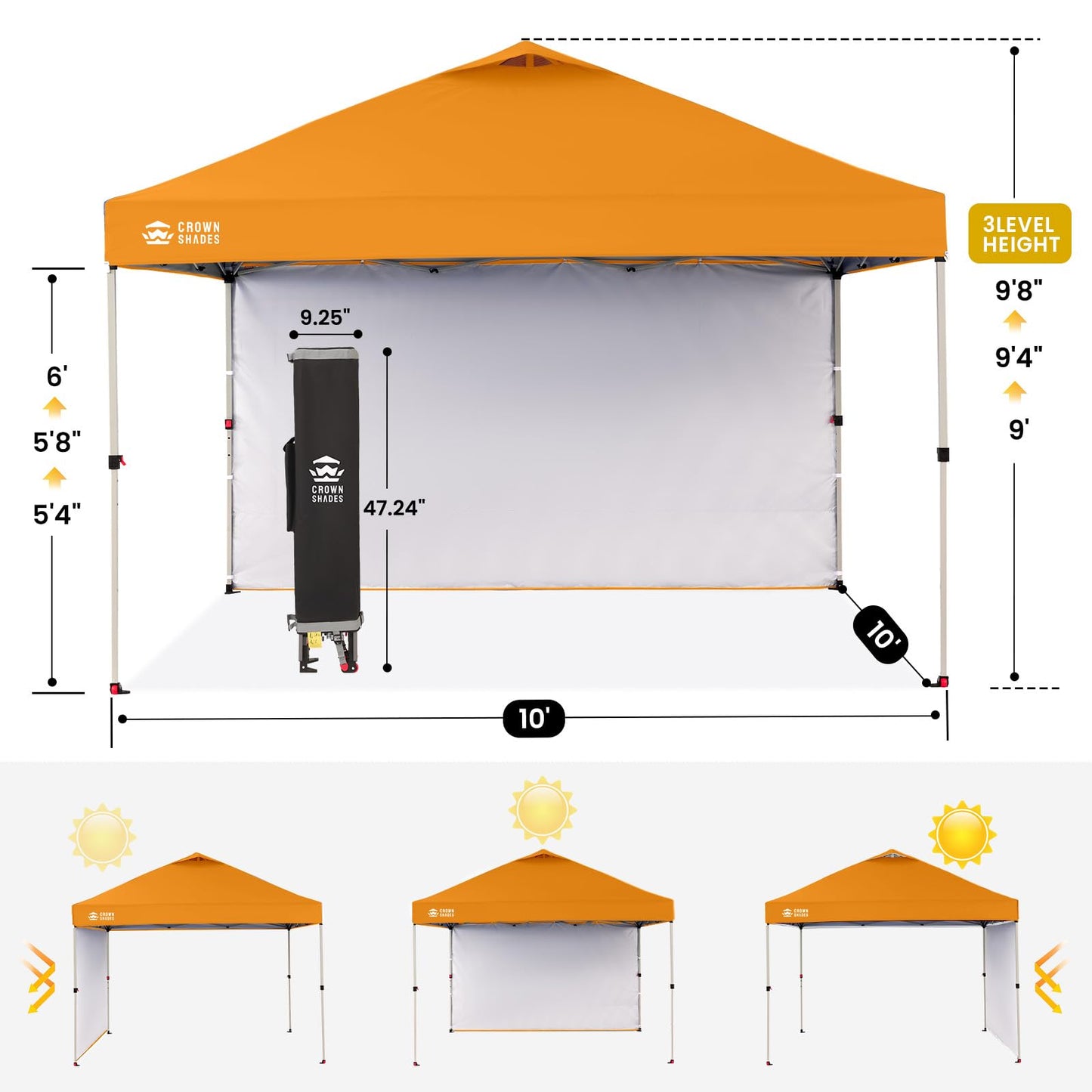 CROWN SHADES 10x10 Pop Up Canopy with 1 Side Wall - Beach Tent with One Push Setup - Outdoor Sun Shade for Events, Parties, Camping - Gazebo with STO-N-Go Cover Bag (Orange)