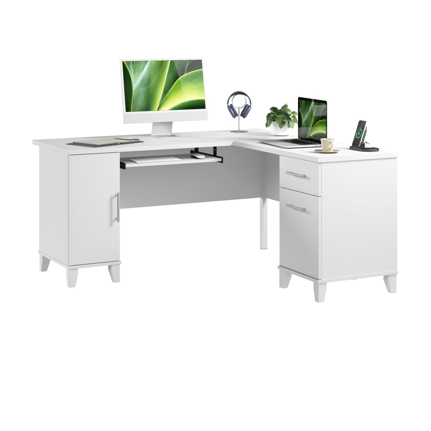 Bush Home 60-Inch L-Shaped Desk with Storage, Corner Computer Office Desk with Drawers and Storage Cabinet, Home Office Furniture, Somerset Collection, White
