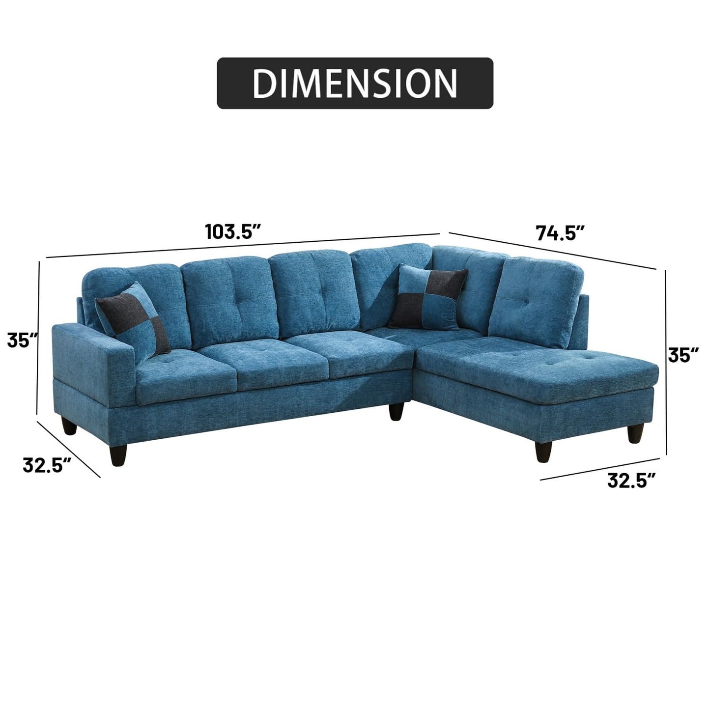 UOCFYK Sectional Sofa Couch with Right Chaise, Flannel L Shaped Couches for Living Room, Office, Apartments, Small Space, Blue