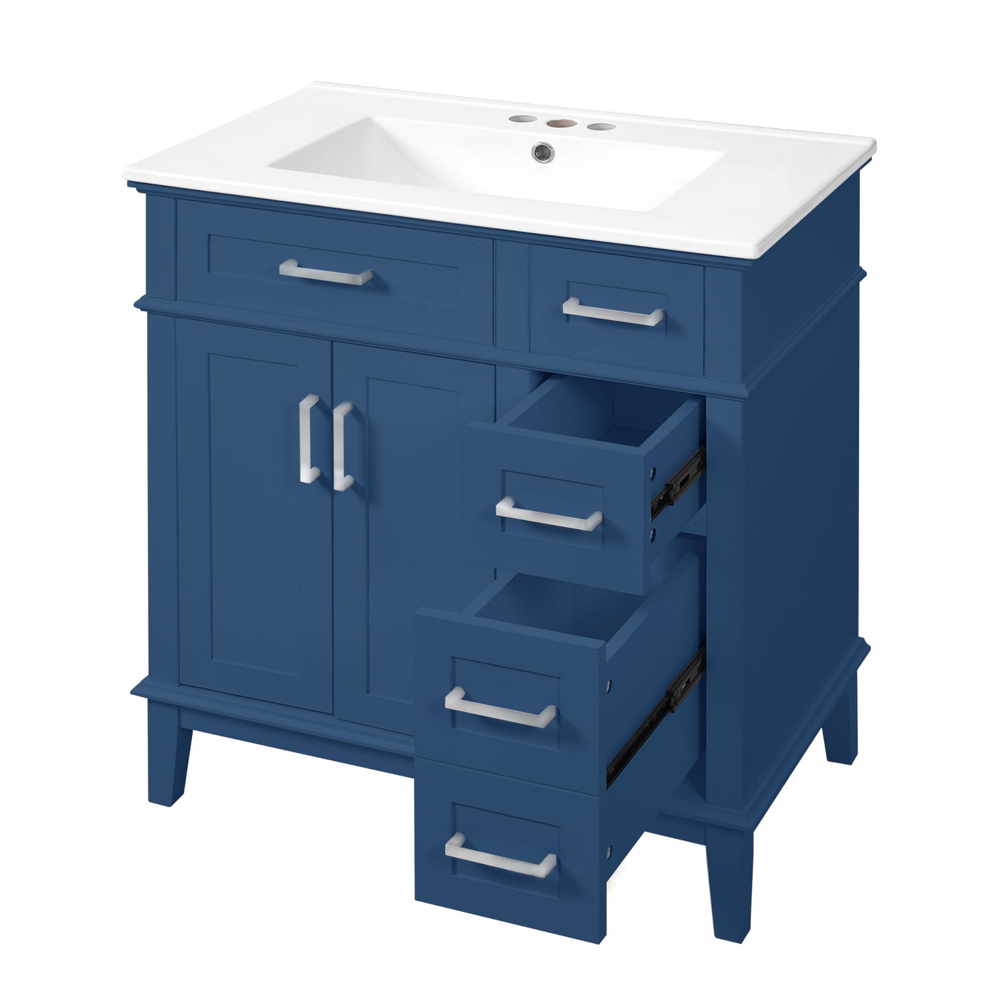 Merax 30" Small Bathroom Vanity with Ceramic Sink, Modern Solid Wood Frame Free-Standing Storage Cabinet, Soft-Close Doors, 2 Drawers & Under-Sink Storage, Space-Saving for Small Bathroom, Blue