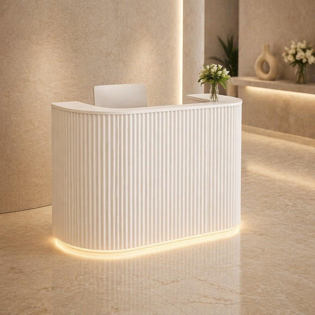 Modern Curved Reception Desk 47 Inch, LED Light Reception Counter with Power Outlet, Lockable Drawer Storage Cabinet for Salon Office Lobby Retail Store