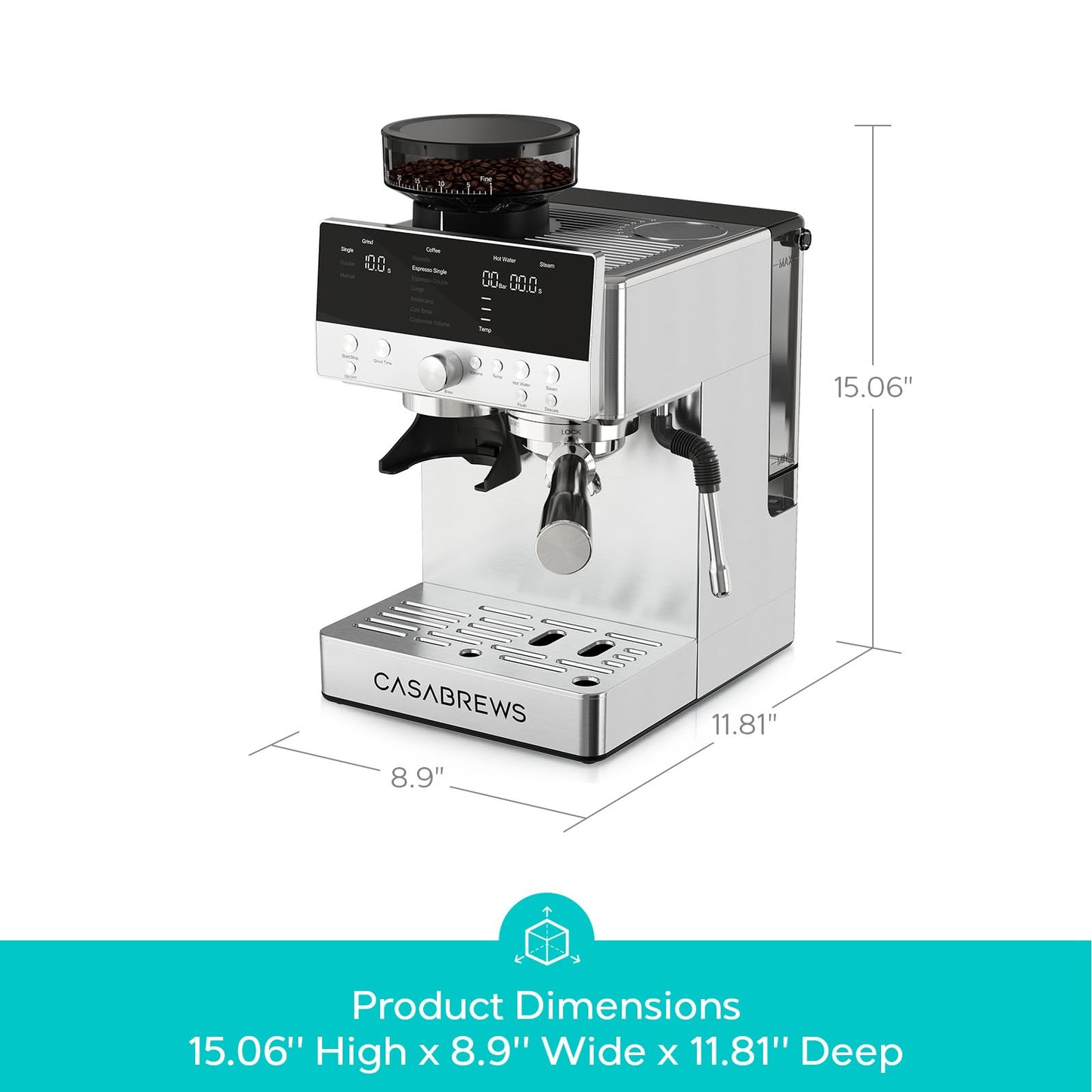 CASABREWS MARENZA Semi-Auto Espresso Coffee Machine with Built-in Grinder, Professional Coffee Maker with Milk Frother Steam Wand, Barista-Quality Cappuccino Latte Machine with LCD Display