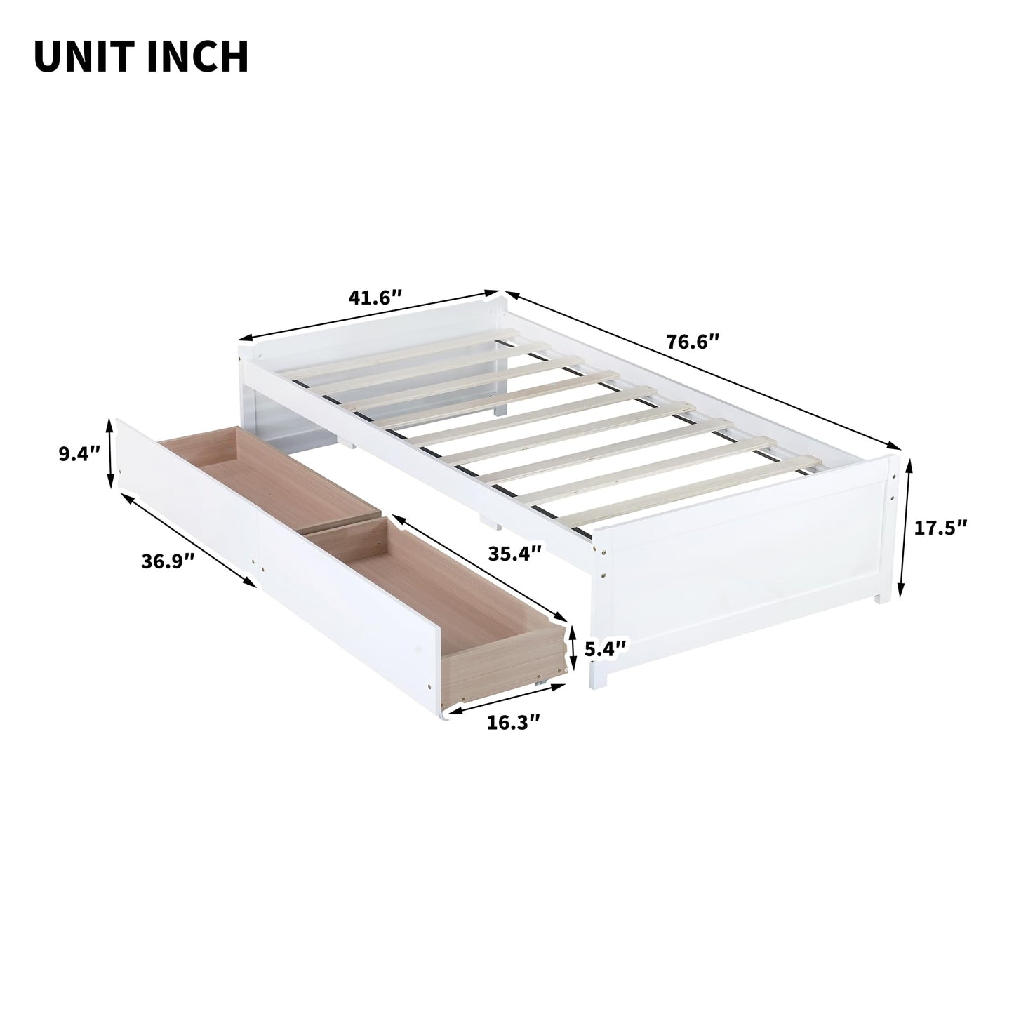 Twin Size Bed Frame with 2 Storage Drawers,Kids Twin Bed with Storage,Twin Bed Frames for Kids, Teens, Adults, Solid Wood Platform Bed,White