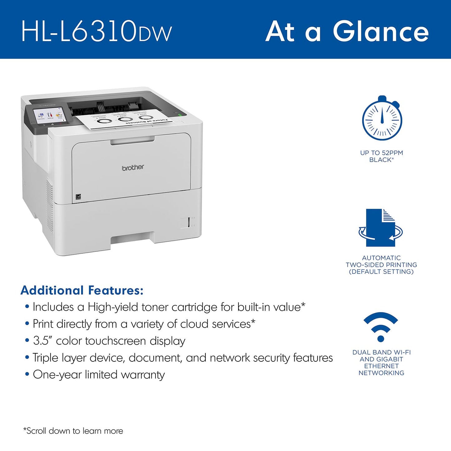 Brother HL-L6310DW Enterprise Monochrome Laser Printer with Low-Cost Printing, WirelessNetworking, and Large Paper Capacity, Works with Alexa