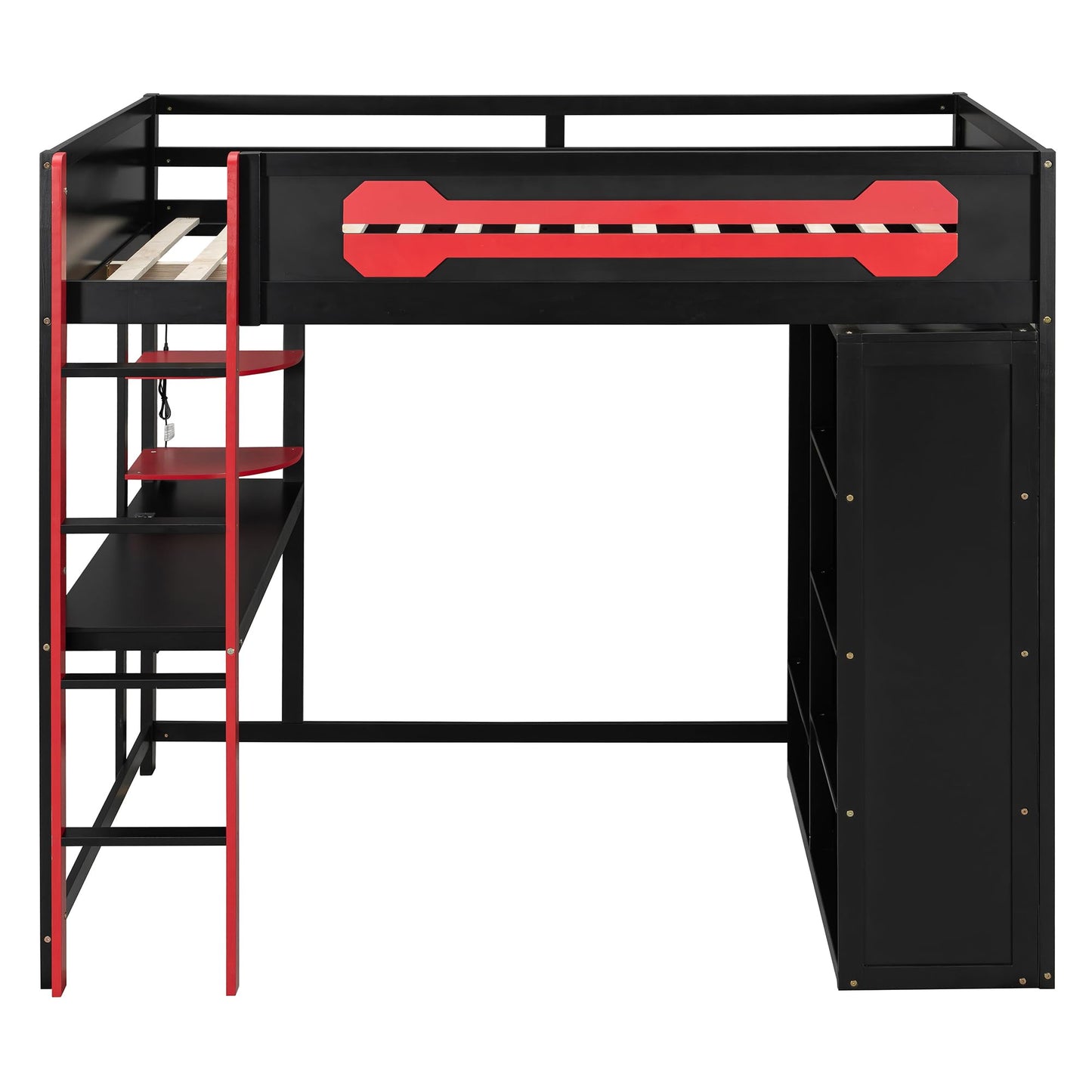 Ball & Cast Gaming Full Size Loft Bed with Desk and Charging Station,Wood Gamer Loft Beds Frame W/Open Wardrobe&RGB Light,High Loft Bed W/Full-Length Guardrail,Bedroom Furniture for Student Dorms,Red