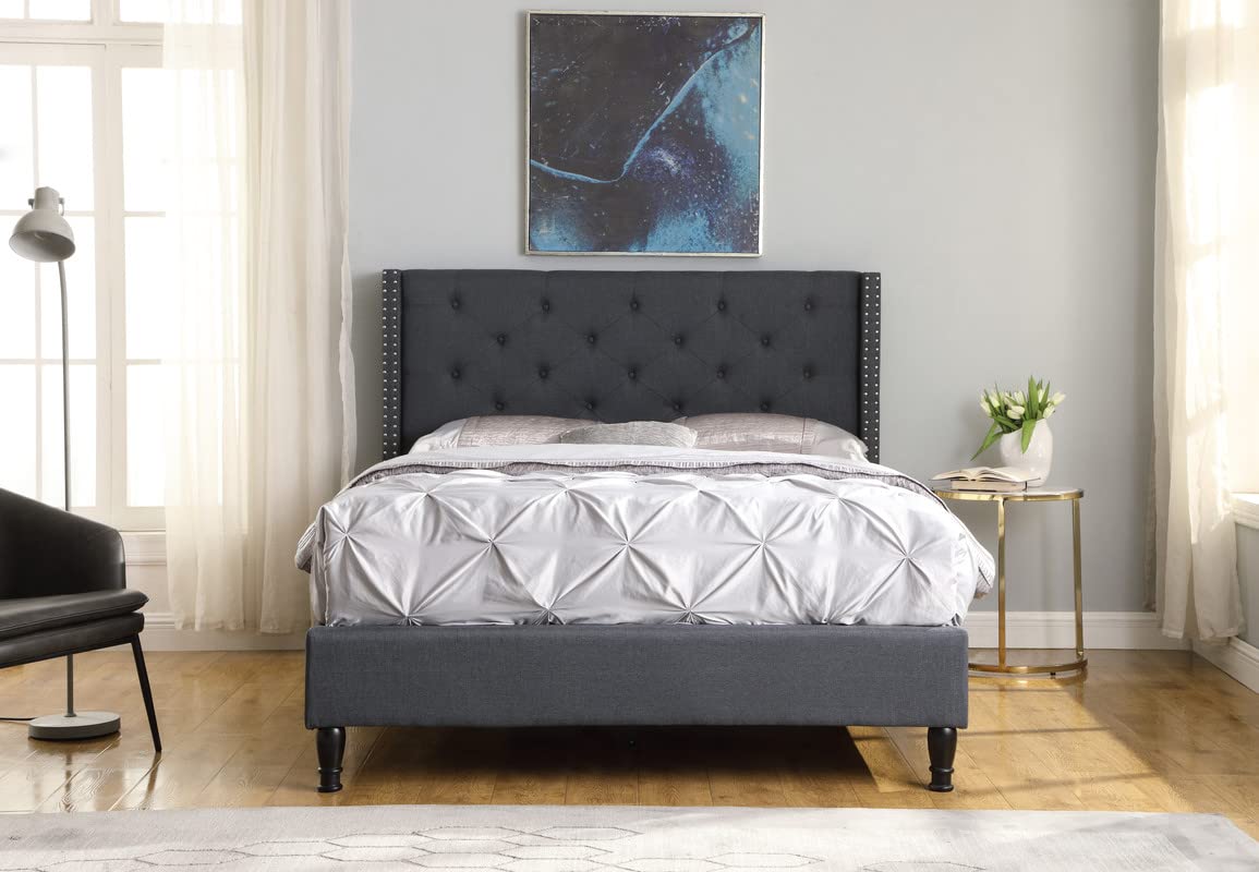 Full Upholstered Platform Bed Frame with 51" Tall Headboard - Button Tufted Cloth Bed - Wood Slat Support with Storage Space - No Box Spring Needed - Easy Assembly - Blue - Oliver & Smith Astor