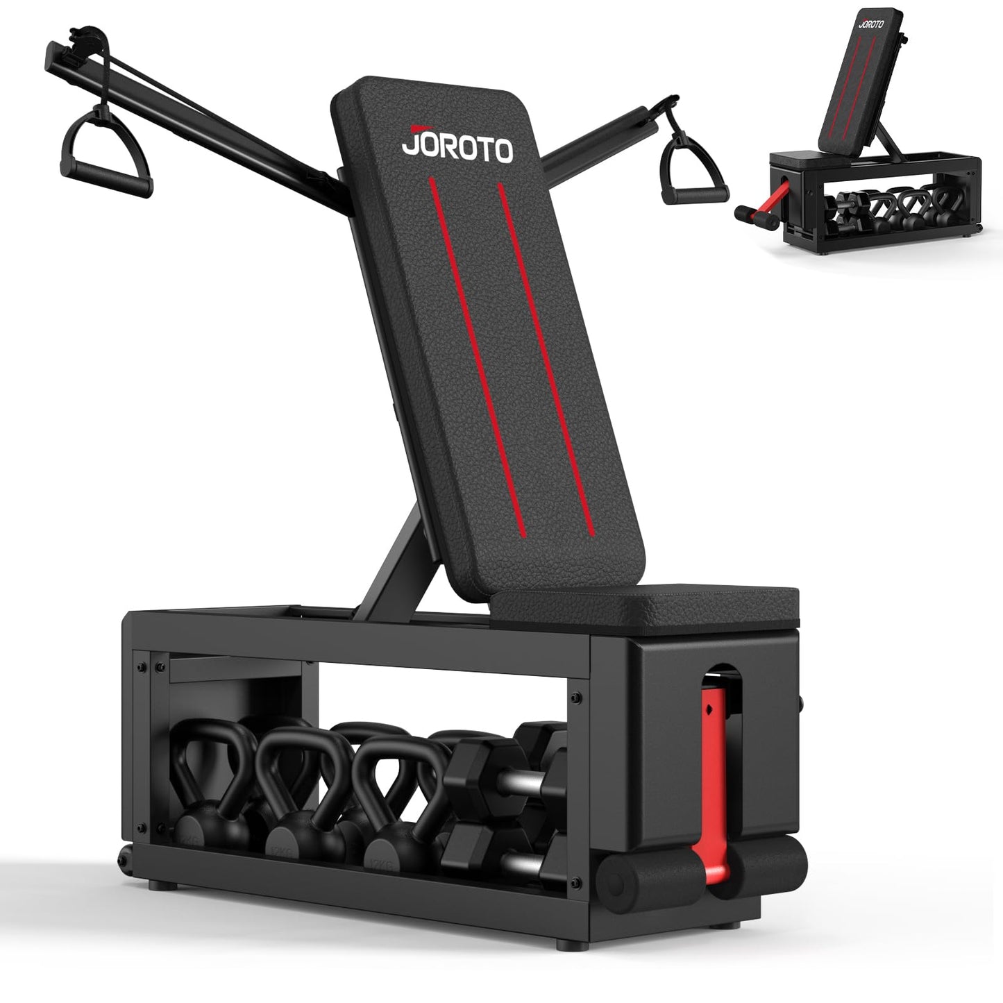 JOROTO 5-in-1 Adjustable Weight Bench with Cable Crossover, 990 LBS Weight Bench With Storage, Combining Adjustable Bench, Cable Crossover Machine, Storage Box with Wheels in One Compact Unit