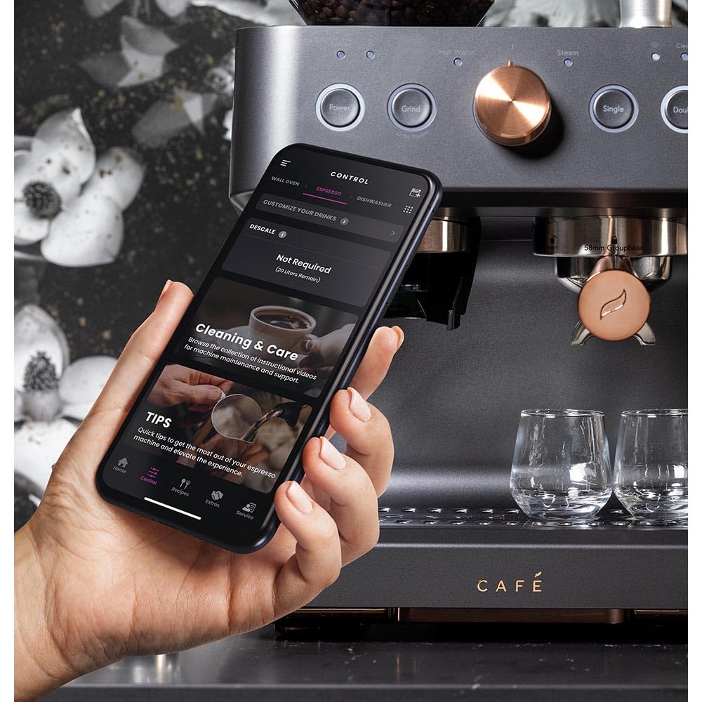 Café Bellissimo Semi Automatic Espresso Machine with Grinder & Milk Frother | Copper Accents | WiFi App Control | Large 95oz Tank | Matte Black