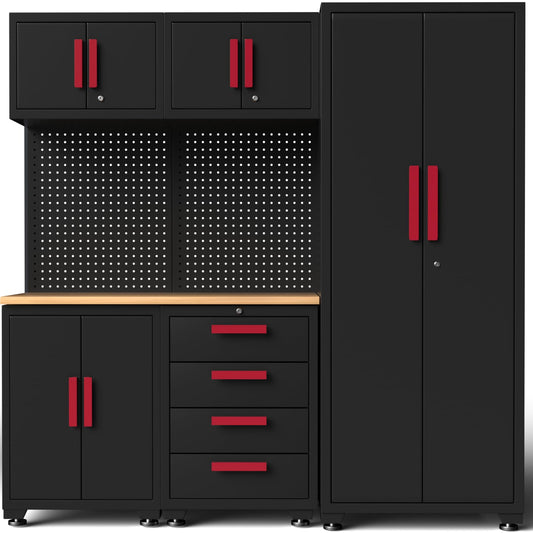 Tsnritor Garage Storage Cabinet System, 6-Pack Garage Cabinets and Storage System Corner Workshop Set with Corner Cabinet, Cabinet Drawers, Workbench, Pegboard for Tool Organization, Black and Red
