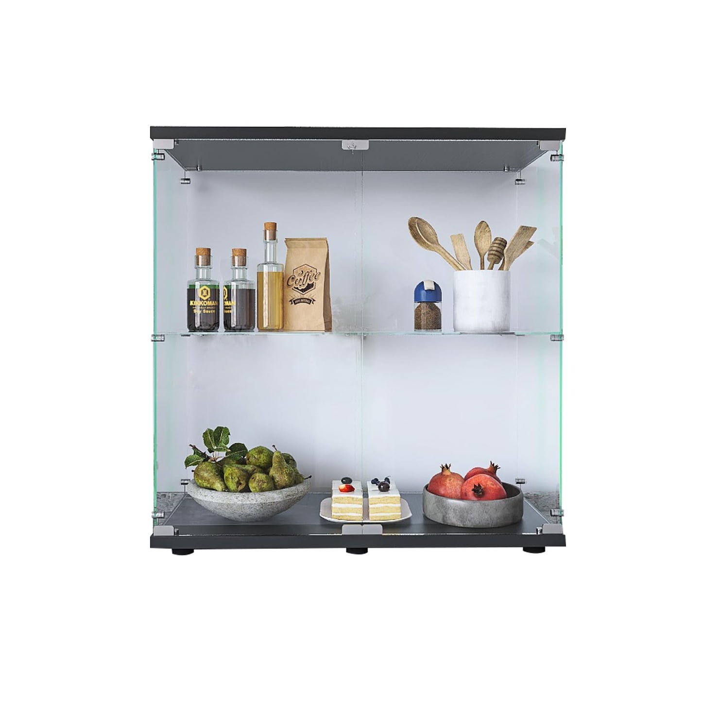 LFT HUIMEI2Y Glass Display Cabinet 2-Shelf with Double Door, Curio Cabinets Fast Installation in 30 Mins, Tempered Glass Floor Standing Bookshelf for Bedroom, Living Room 32.8”x 31.7”x 14.4” Black