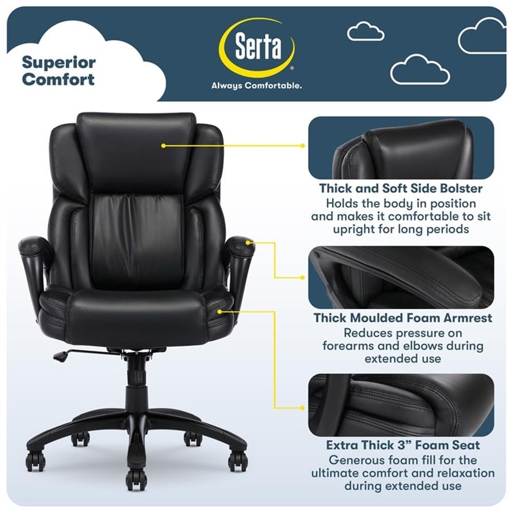 Serta Garret Executive Office Chair, Ergonomic Mid-Back with Lumbar Support, Semi-Plush Cushion and Body Pillows, Padded Armrests, Swivel Base, Bonded Leather, Space Black
