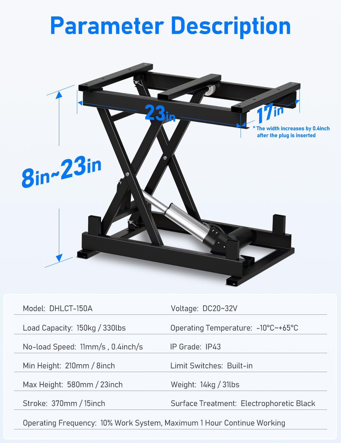DIHOOL Electric Scissor Lift Table 330Lbs, 210-580MM,8-23in Height Adjustable Lifting Platform