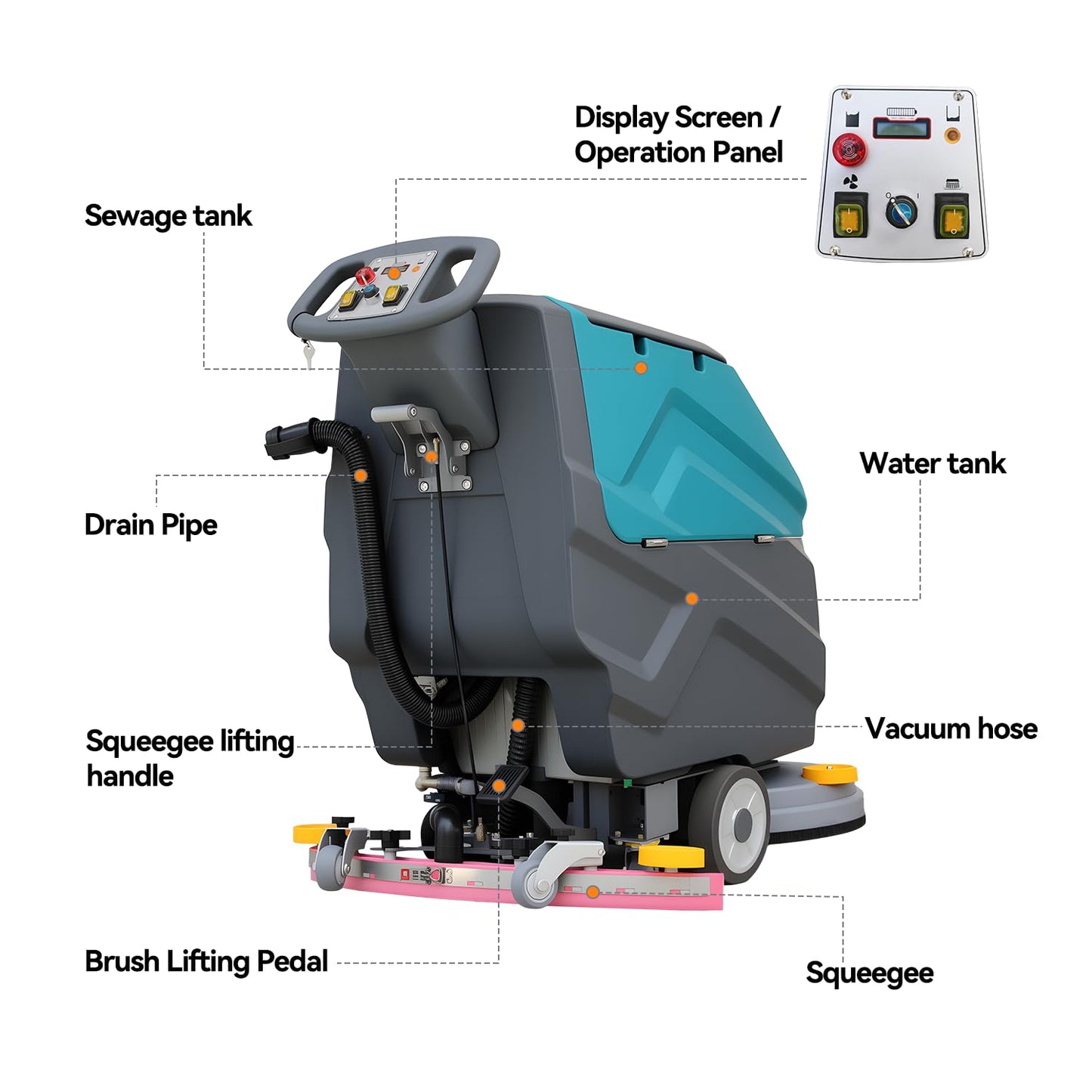 KARHDIR Walk-behind Floor Scrubber Machine, 22" Cleaning Width, 31.5" Suction Width, 18.5-gal Sewage Tank, 15.9-Clear water tank, 32000 Sqft/h, Complete Set of Parts