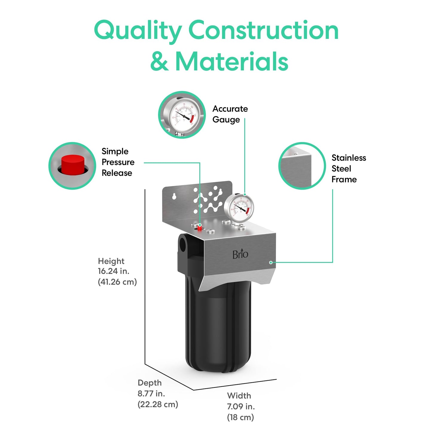 Brio Whole House Water Filter System for Heavy Metal Reduction w/Gauge & Fast-Flow GAC + KDF Filter 4.5" x 10" | Improves Taste & Protects Home Appliances | 720 GPH | 50,000 Gallons or 6 Months