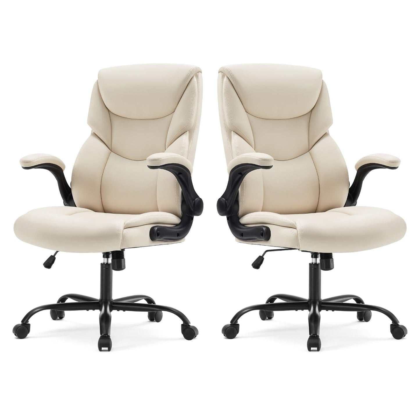Sweetcrispy Ergonomic Computer Gaming Office Chair Set of 2, Heavy Duty Task Desk Swivel Rolling Chairs with Wheels, Flip-up Arms, Adjustable Height, PU Leather,Cream White