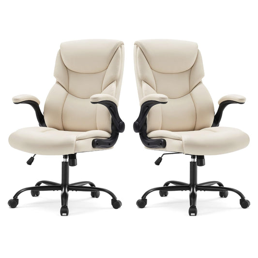 Sweetcrispy Ergonomic Computer Gaming Office Chair Set of 2, Heavy Duty Task Desk Swivel Rolling Chairs with Wheels, Flip-up Arms, Adjustable Height, PU Leather,Cream White