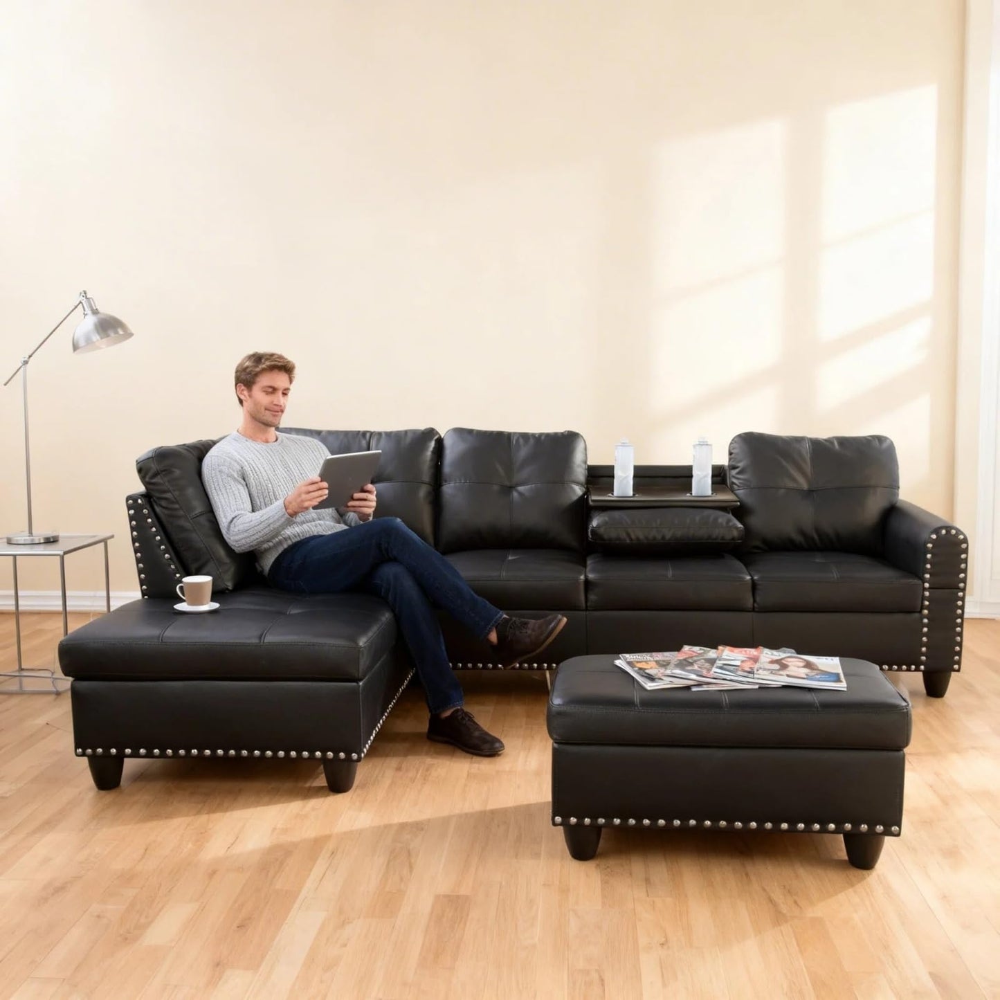 Trygoal L-Shape Sofa with Storage Ottoman & Reversible Coffee Table, Leather Sectional Couch with Left Chaise, 3-Piece Sofa Set for Living Room, Upholstered Couch Set with Solid Wood Frame, Dark Grey