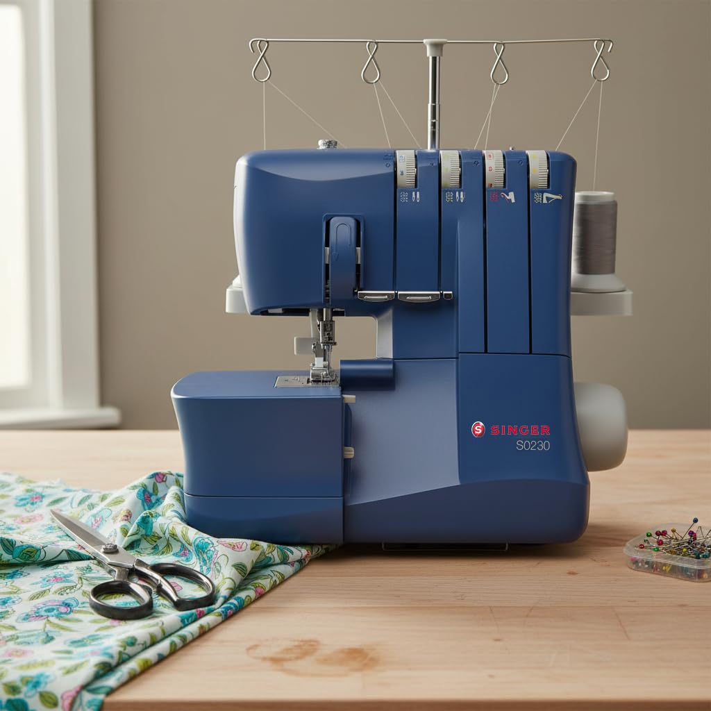 SINGER® S0230 Navy Blue Overlock Serger | 2/3/4 Thread Capability | 1300 Stitches/Min | Color-Coded Threading, Differential Feed, Free Arm, Accessories Included | Professional Seam Finishing