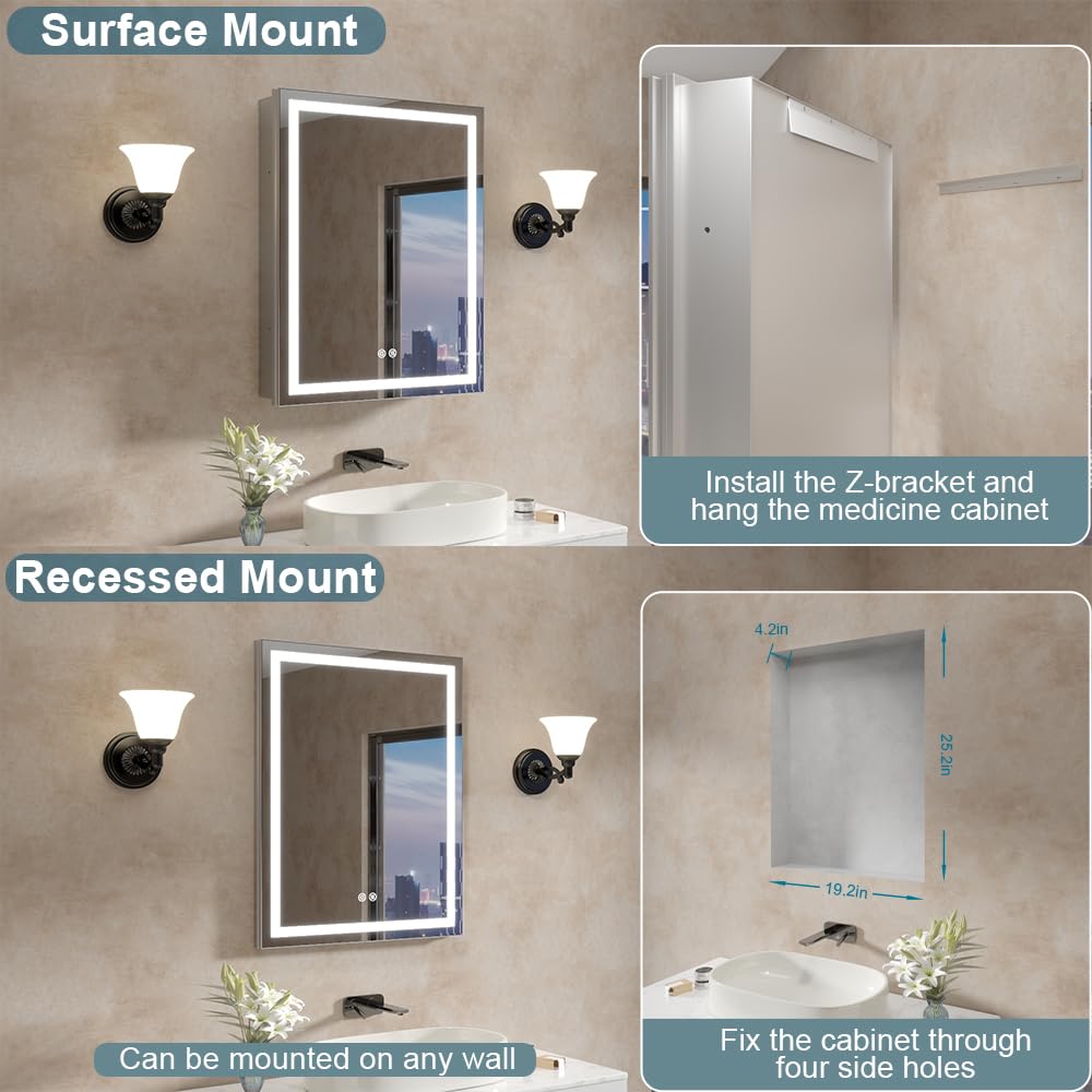 Bathroom Medicine Cabinet with Lights, 20"x26" LED Medicine Cabinet with Dual-Sided Mirror, Socket/USB, Adjustable Shelves & Organizer Box, Anti-Fog & 3-Color Dimmable LED with Memory, Full Aluminum