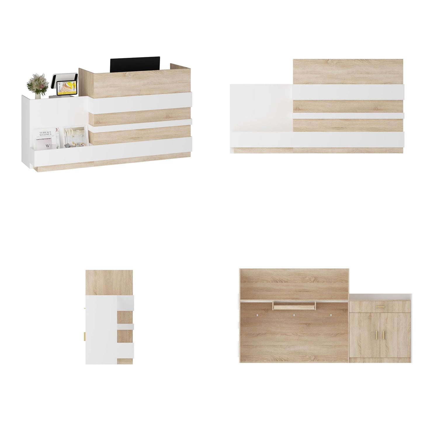 AIEGLE Checkout Counter, Modern Reception Desk with Drawer & 2-Door Storage Cabinet, 87.2" W Office Reception Desk with Open Front Cubby for Salon, Lobby, Shop, White & Oak