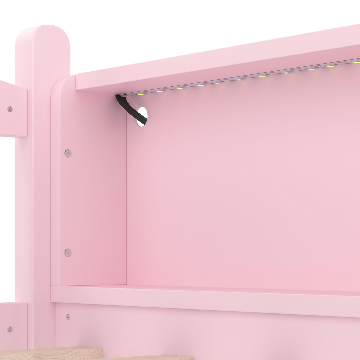 Bellemave Twin XL Loft Bed with Slide and Ladders, Solid Wood Low Loft Bed with Storage Shelves and LED Lights, Loftbed Frame for Kids, Boys, Girls, Childlike and No Box Spring Needed Design, Pink