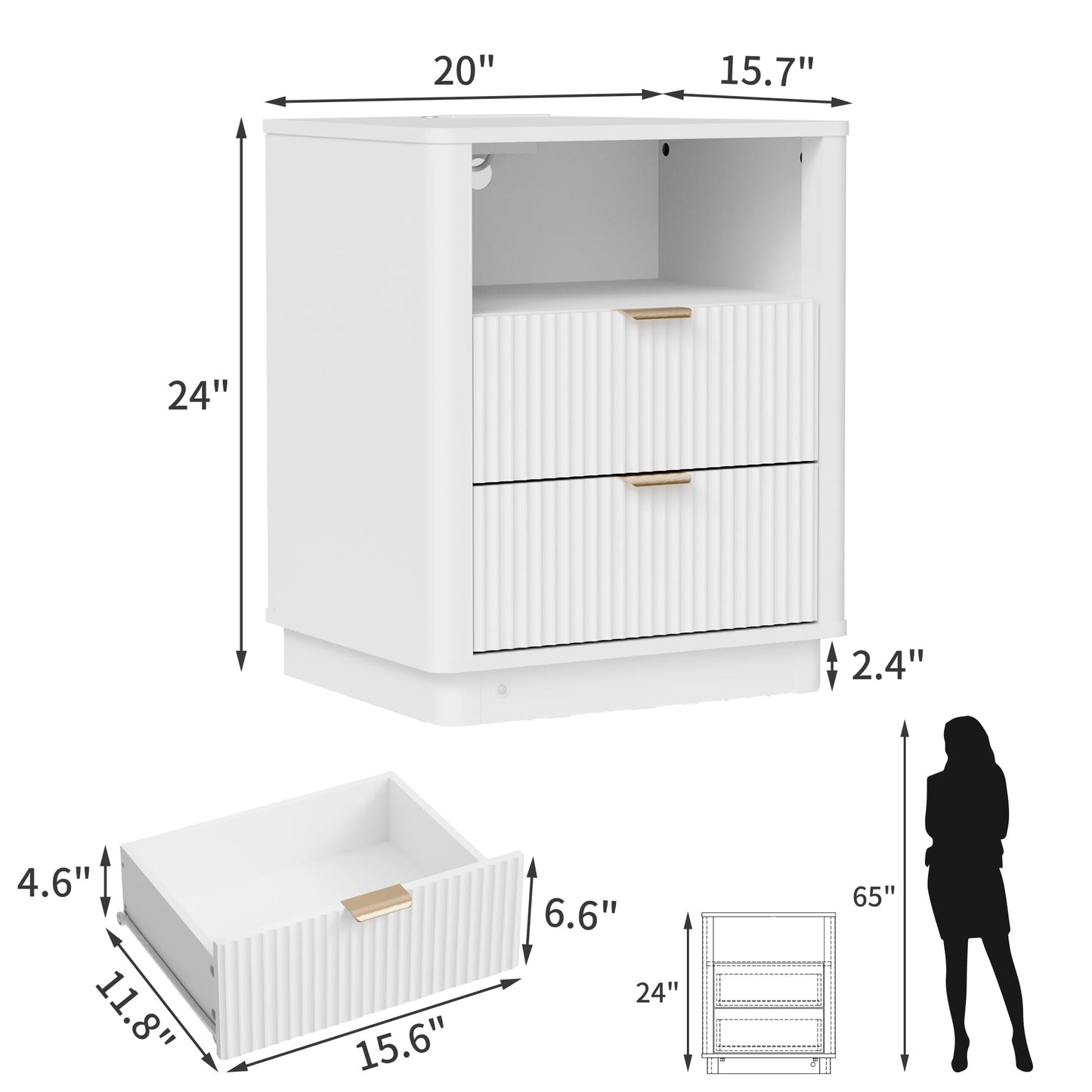 BONITURE Fluted Night Stand Set of 2, Curved Nightstands with Charging Station Lighting, Wood End Table with 2 Drawers, Modern Side Table Storage Cabinet for Bedroom Office,(2, White)