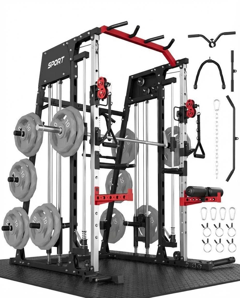 Smith Machine Home Gym, 2200LB Power Cage with Dual Pulley Cable Systems, LAT Pull-Down, Leg Hold-Down & 20+ Attachments for Full Body Workouts, Black