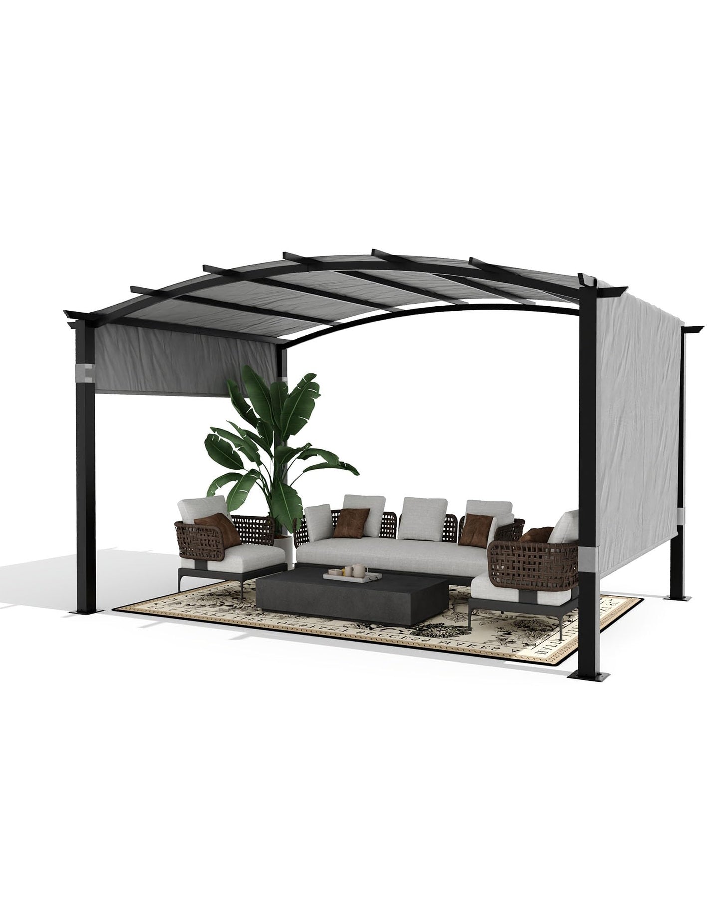 KYBOLT 12x9 Ft Outdoor Arched Pergola Metal Gazebo with Retractable Sun Shade for Patio Garden Backyard Deck Lawns(Gray)