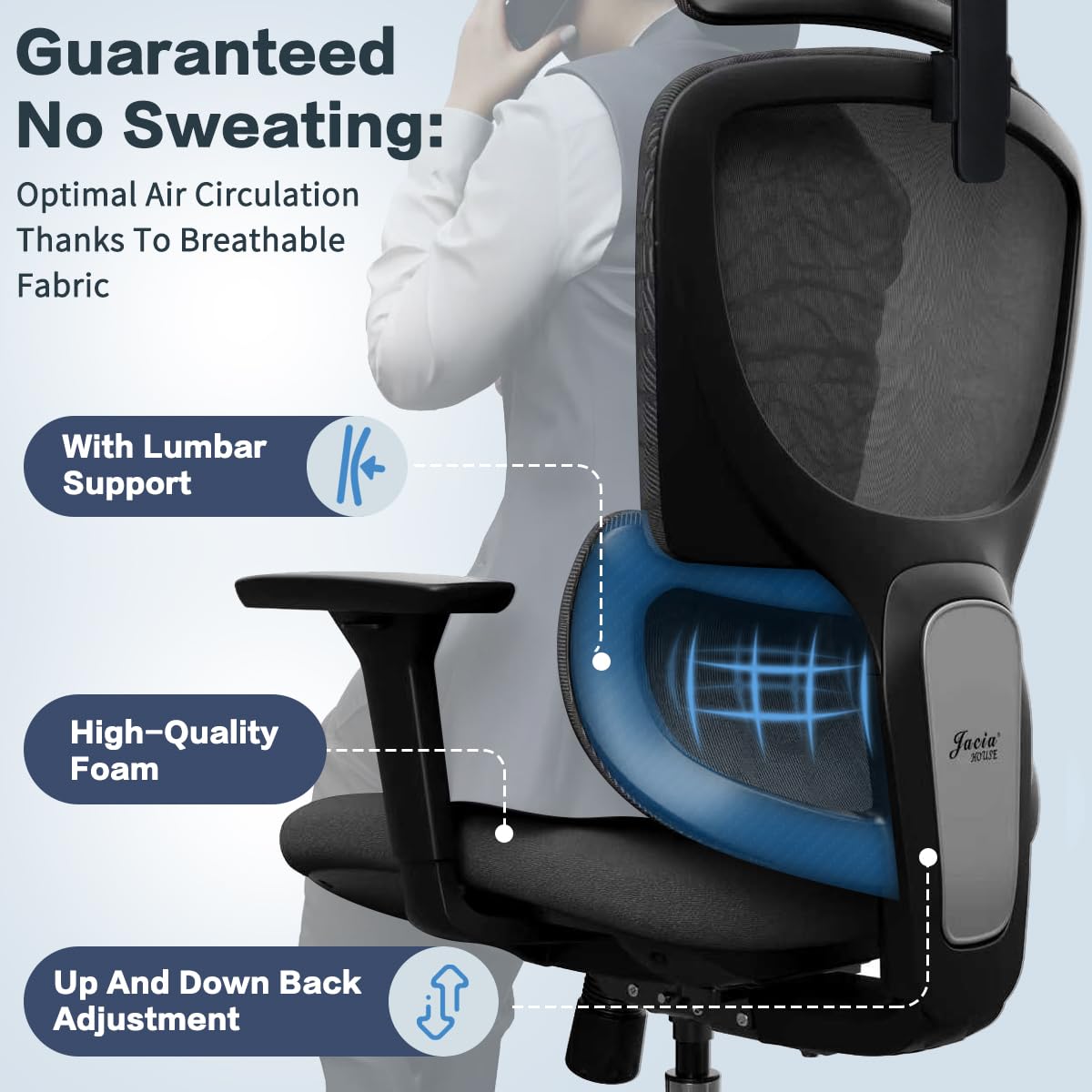 Jacia House Grey Ergonomic Mesh Home Office Chair, Big & Tall Gaming Chair - High-Adjustable Lumbar Support, 4D Armrests, 2D Headrest, 90°~135° Tilting with Lock, Swivel Desk Chairs 600lb Capacity