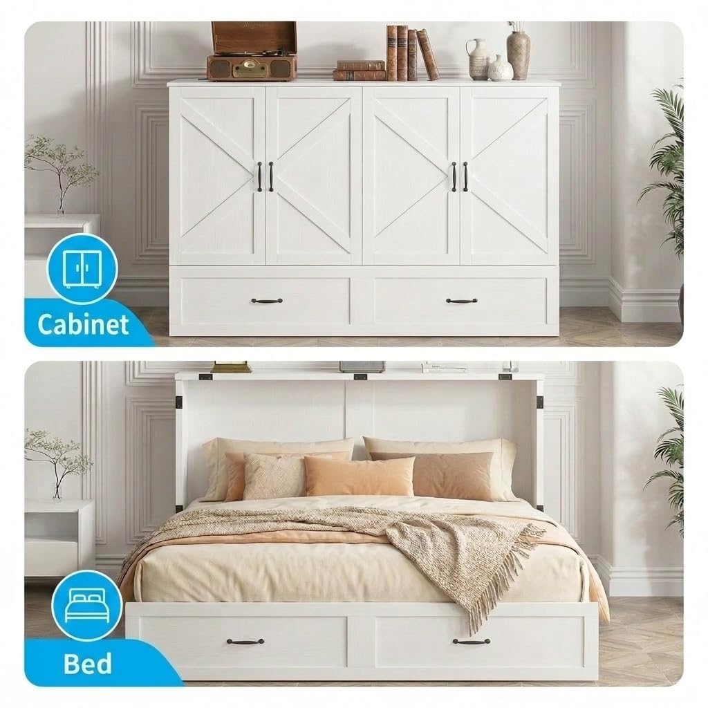 Mjkone Murphy Bed, Cabinet Beds Queen Size with Mattress Included, USB Charging Port, Drawer, Space Saving Queen Murphy Chest Bed, Hidden Cabinet Guest Wall Beds for Bedroom, Apartment, White